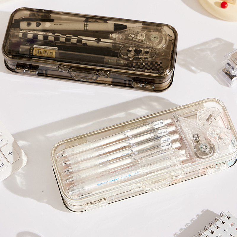 

Kawaii Transparent Pencil Case Double Layer Multifunction Kids Pen Stationery Box Office School Large Capacity Storage Organizer