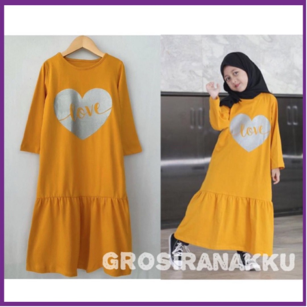 Baju Gamis Anak Perempuan Kaos  Lala  Kuning Kunyit Keren Setelan Dress Anak Cewek Murah kekinian Pr