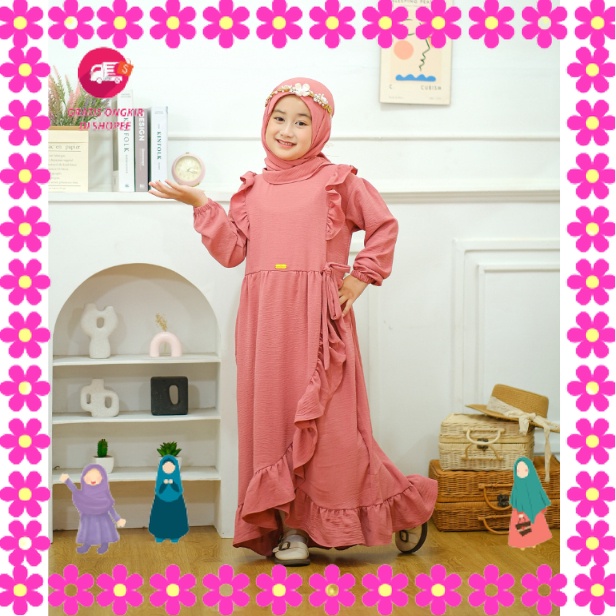 BAJU MUSLIMAH PEREMPUAN MENGAJI PIKNIK KONDANGANLEBARAN/ Gamis Anak Elena Dress Bahan Crinkle Airflo