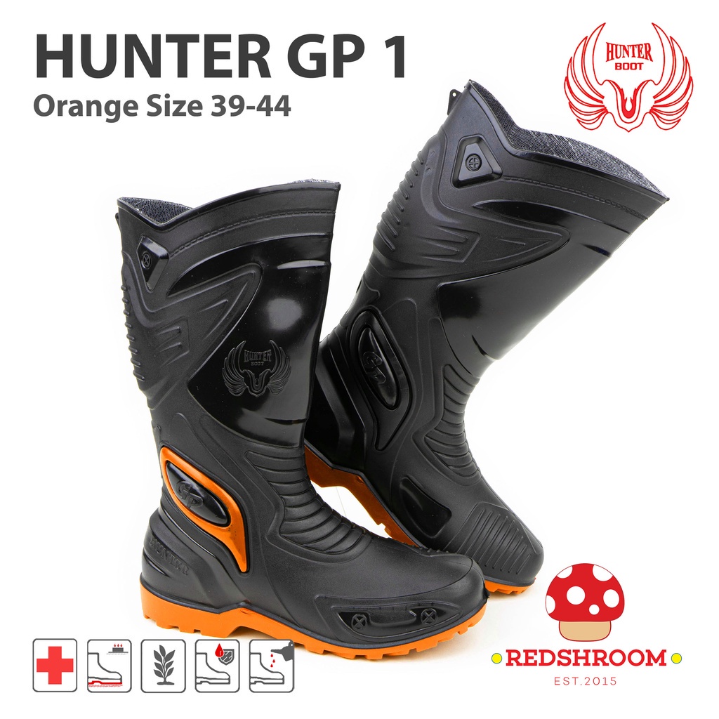 Sepatu Boot Tinggi HUNTER GP 1 Hitam Orange Boots Karet Lokal Lentur Ringan Anti Air & Slip Touring