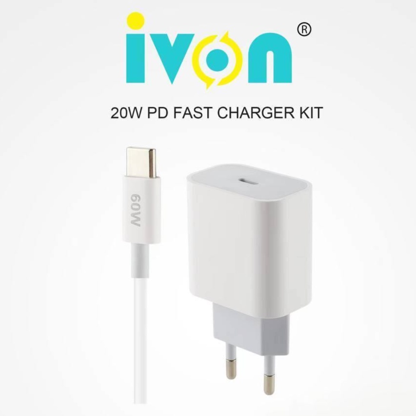 iVON 20W High-power USB-C ADAPTER FAST CHARGER Batok / Kepala dan Kabel Data For iPhone Micro Type-C