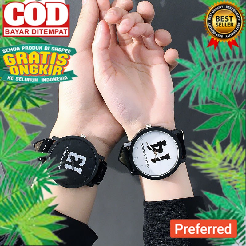 Jam Tangan Nomor 13 & 14 Pasangan Jam Tangan Fashion Hitam Kulit Quartz Jam Tangan Wanita Pria// JAM