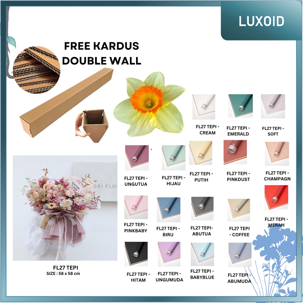 

LUXOID - (5 LEMBAR) - FL27 TEPI Kertas Bunga Paper Buket Motif Lis Gold Pinggir Transparant Florist Cellophane Wrapping