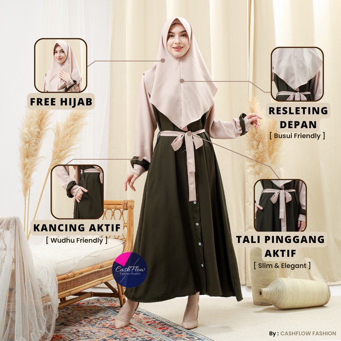 best -Gamis Syari Terbaru Set Khimar Hijab Polos Remaja Wanita Muslim Pesta - Army, S