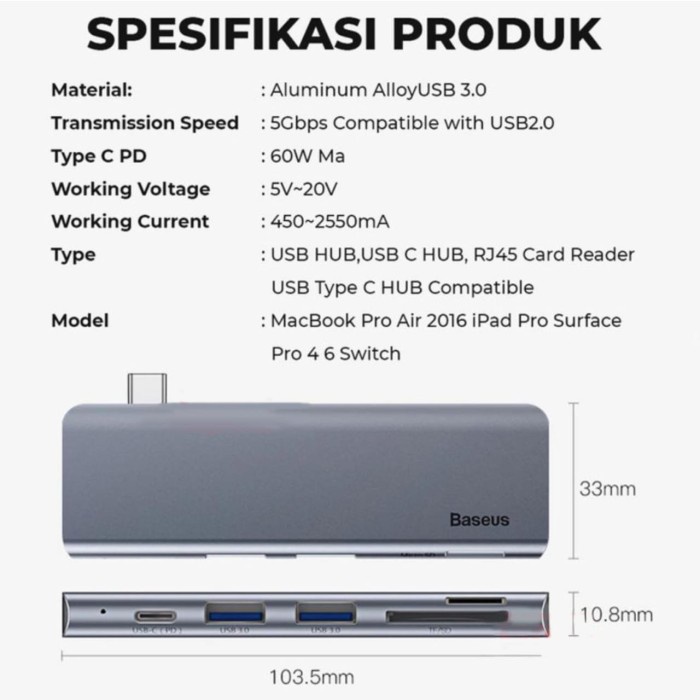 BASEUS USB C 51N1 HUB ADAPTER 3.0 SD MICRO TF PD NEW MACBOOK AIR TOUCH - Baseus 5in1