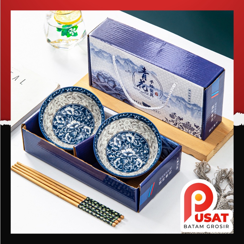 Pusat Batam Grosir - H1149 Set Mangkok Peralatan Makan / Mangkok Keramik 2 in 1 / Mangkuk Nasi / Kot