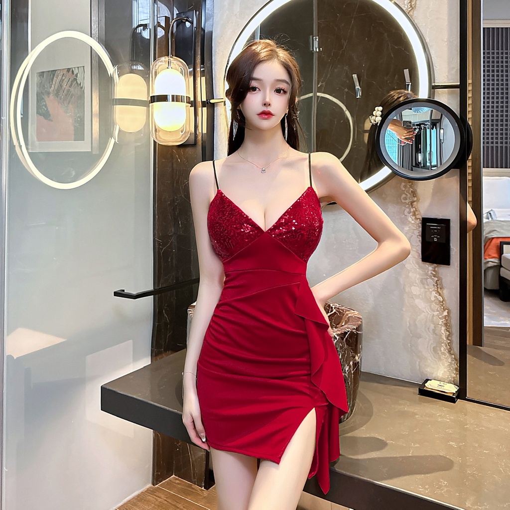 Sheing Baju gaun pesta dress sexy Pendek Kerah V neck off shoulder