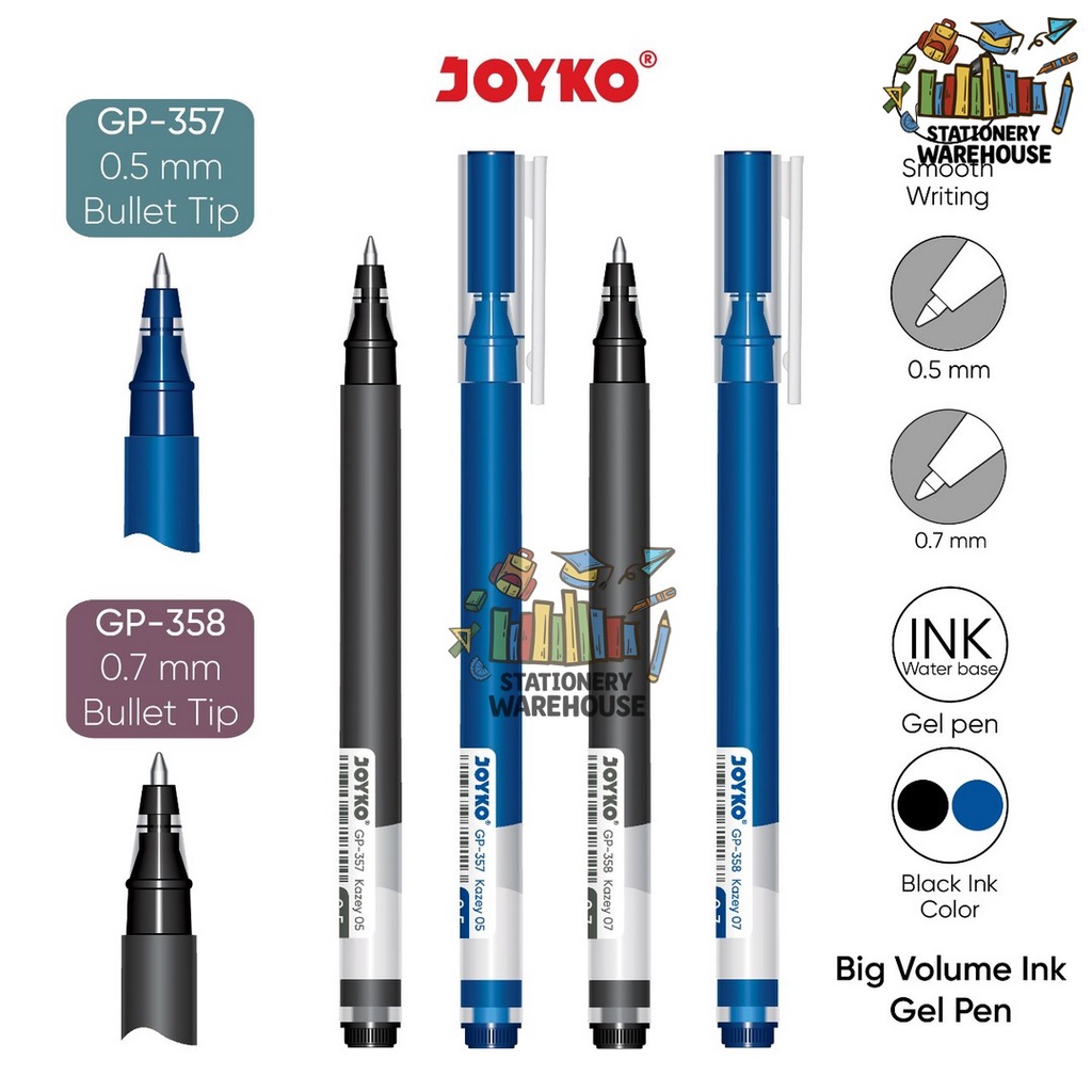 

Gel Pen Pulpen Pena Joyko GP-357 GP-358 Kazey 0.5 mm 0.7 mm Black Blue
