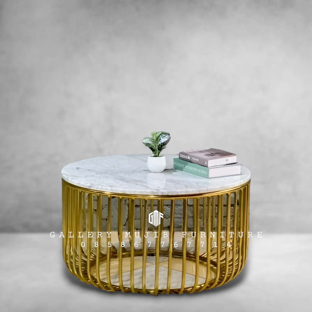 meja tamu bulat, meja tamu bulat stainles, meja tamu bulat top marmer - cream D 80 cm