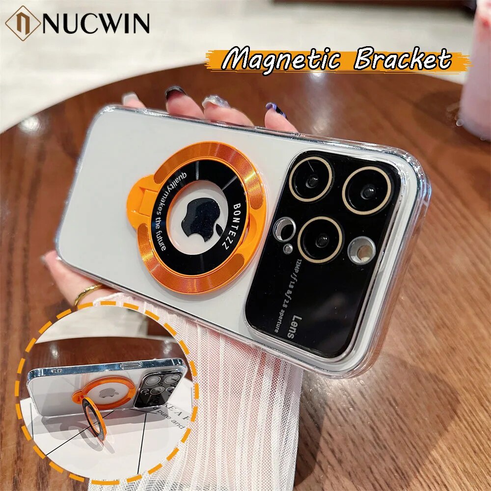 Casing ponsel braket Flip magnetik mewah penutup keras pelindung jendela besar Case iPhone 14 13 12 