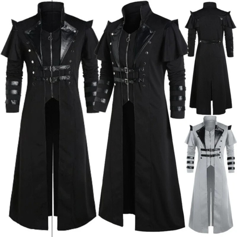 Vintage Men's Gothic Steampunk Long Jacket Trench Coat Retro Meeval Warrior Knight Overcoat Male Vic