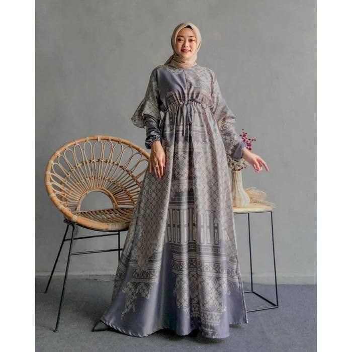 Azka Larissa Gamis Bahan Armani Silk Dior Premium - Dress Motif Wanita Terbaru Mewah Elegan Lengan Balon Terlaris