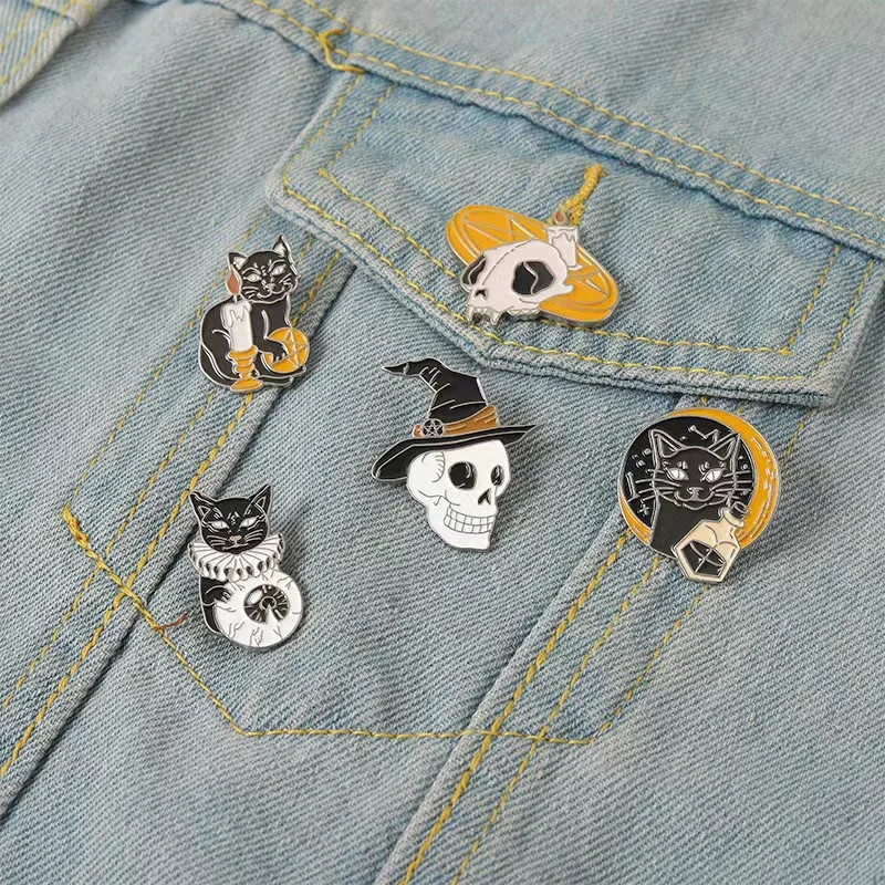 Punk Gothic Halloween Pins Black Cat Animal Enamel Pin Woman's Clothes Decorative Lapel Badge Brooch