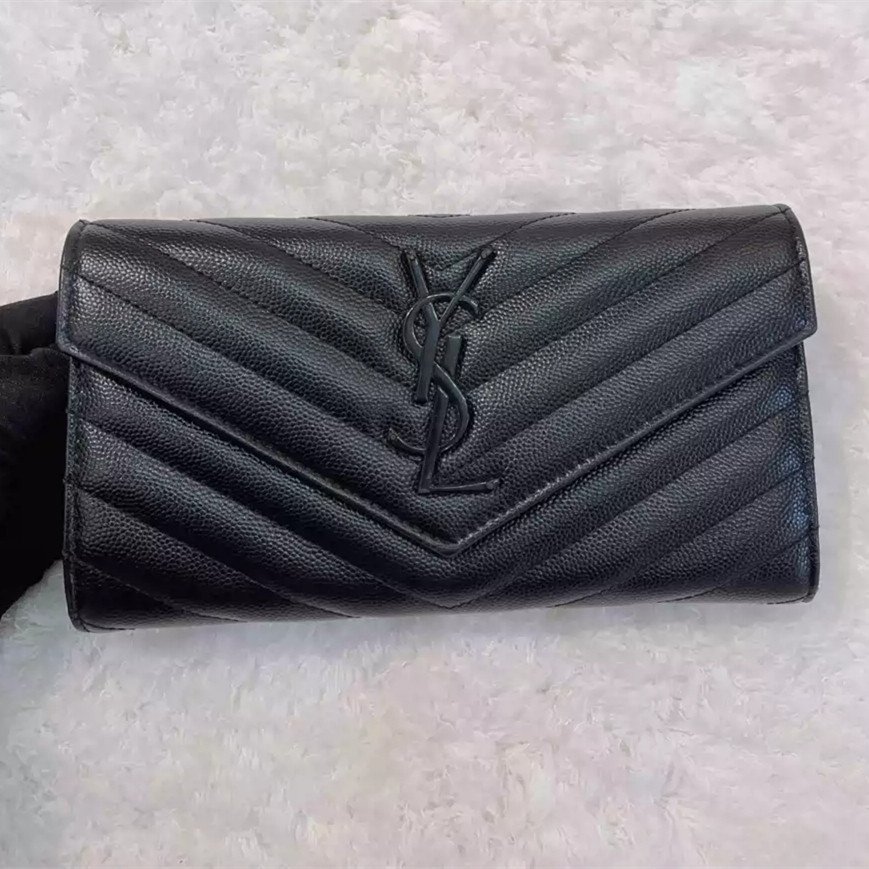 【bekas asli】（372264 ）Dompet penutup Yves Saint Laurent/dompet panjang label hitam/dompet/dompet tang