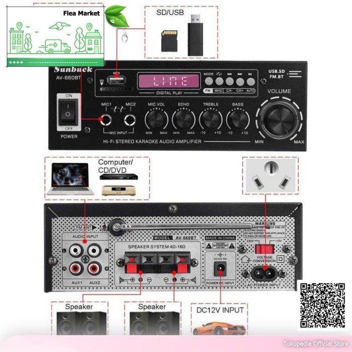 Sunbuck Audio Bluetooth 5.0 DAC Amplifier 2 Ch Remote 2000W - AV-660BT - Hitam, Sunbuck