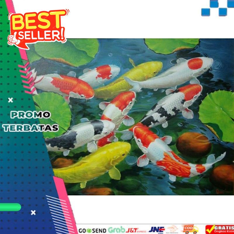 hiasan dinding lukisan cetak ikan koi sejuk plus bingkai ukuran 85*55