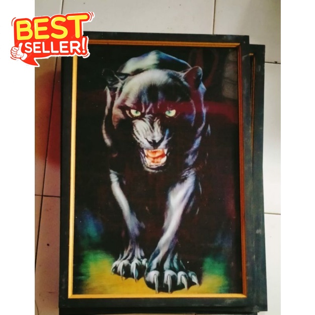 lukisan cetak macan kumbang hitam plus bingkai ukuran 65×45