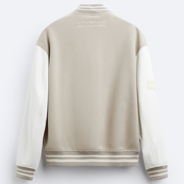 ZARA Men Jacket Bomber With Patch Jaket Varsity Pria Oyster White