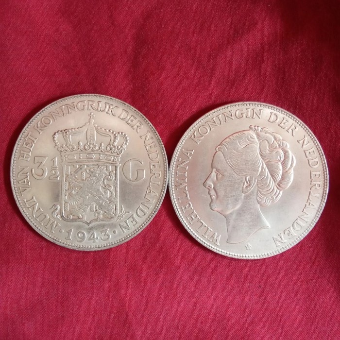 ( Replika ) koin kuno Nederland Belanda wilhelmina 3 1/2 Gulden baru