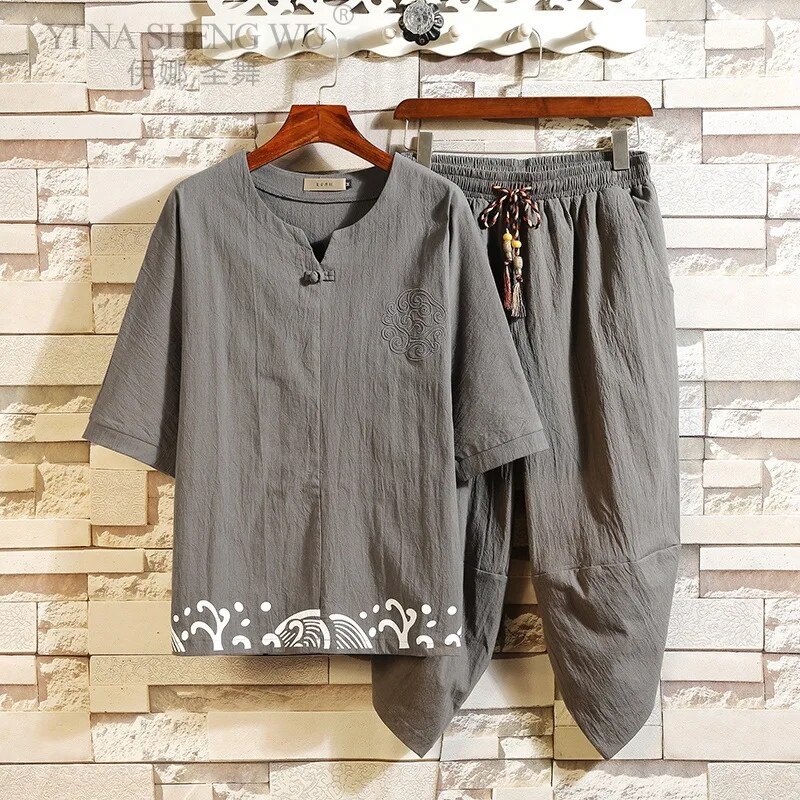 Setelan Baju Gaya Jepang Musim Panas Celana Kaus Pria Samurai Setelan Cina Sejuk Celana Crop Atasan 