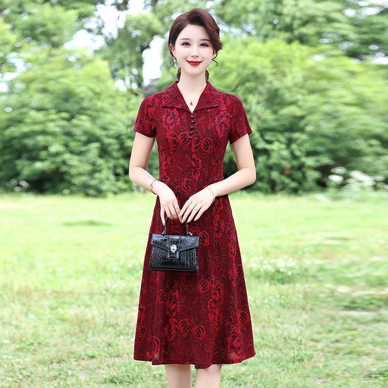 Rok Ibu Musim Panas Jacquard Lengan Pendek Gaun Wanita Rok Panjang Lutut Ukuran Besar Setengah Baya