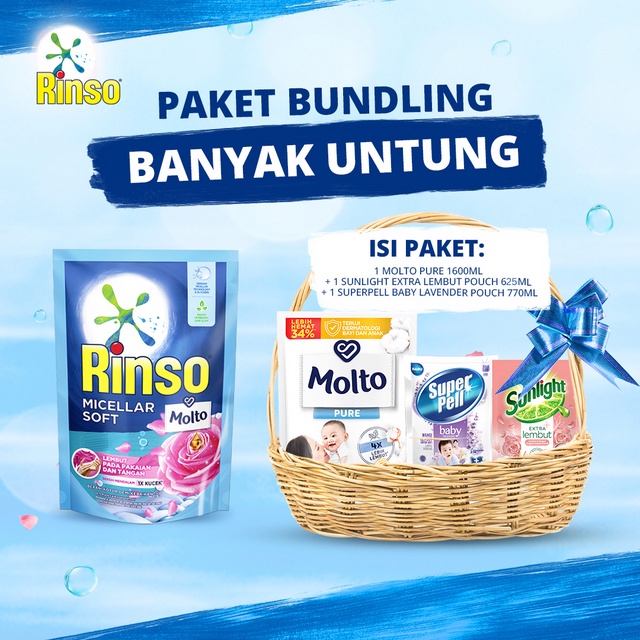 BELI PAKET 1 RINSO MICELLAR SOFT LIQ 700ML + 1 MOLTO PURE 1600ML + 1 SUNLIGHT EXTRA LEMBUT POUCH 625