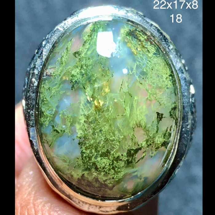 Cincin Batu Akik Natural Lumut Hijau Tua Motif Gambar Tembus Antik 1