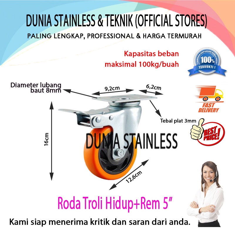 Roda Troli Hidup+Rem 5 inch|pintu|pagar|besi|teknik|interior|kayu