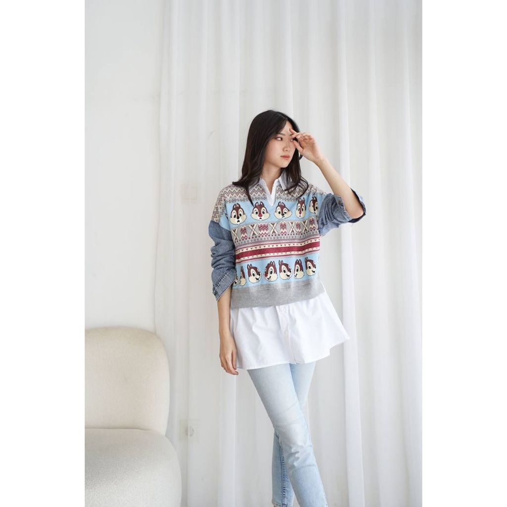 TUNIK BABYTERRY MIX JEANS KATUN MOTIF CHIP DALE MOTIF FULL SABLON KERAH VARIASI BUTTON ATAS BAWAH TA