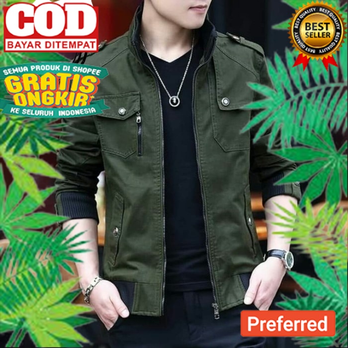 jaket pria terbaru katun drill kualitas premium - Hijau Army - TNI - Hijau Army, S// ANAK DEWASA REM