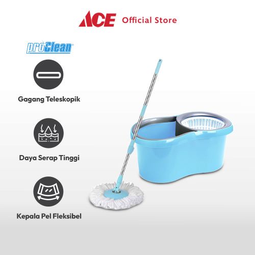 Ace - Proclean Set Alat Pel Putar - Biru Kain Pel Spinning Mop With Bucket Pembersih Lantai Alat Keb