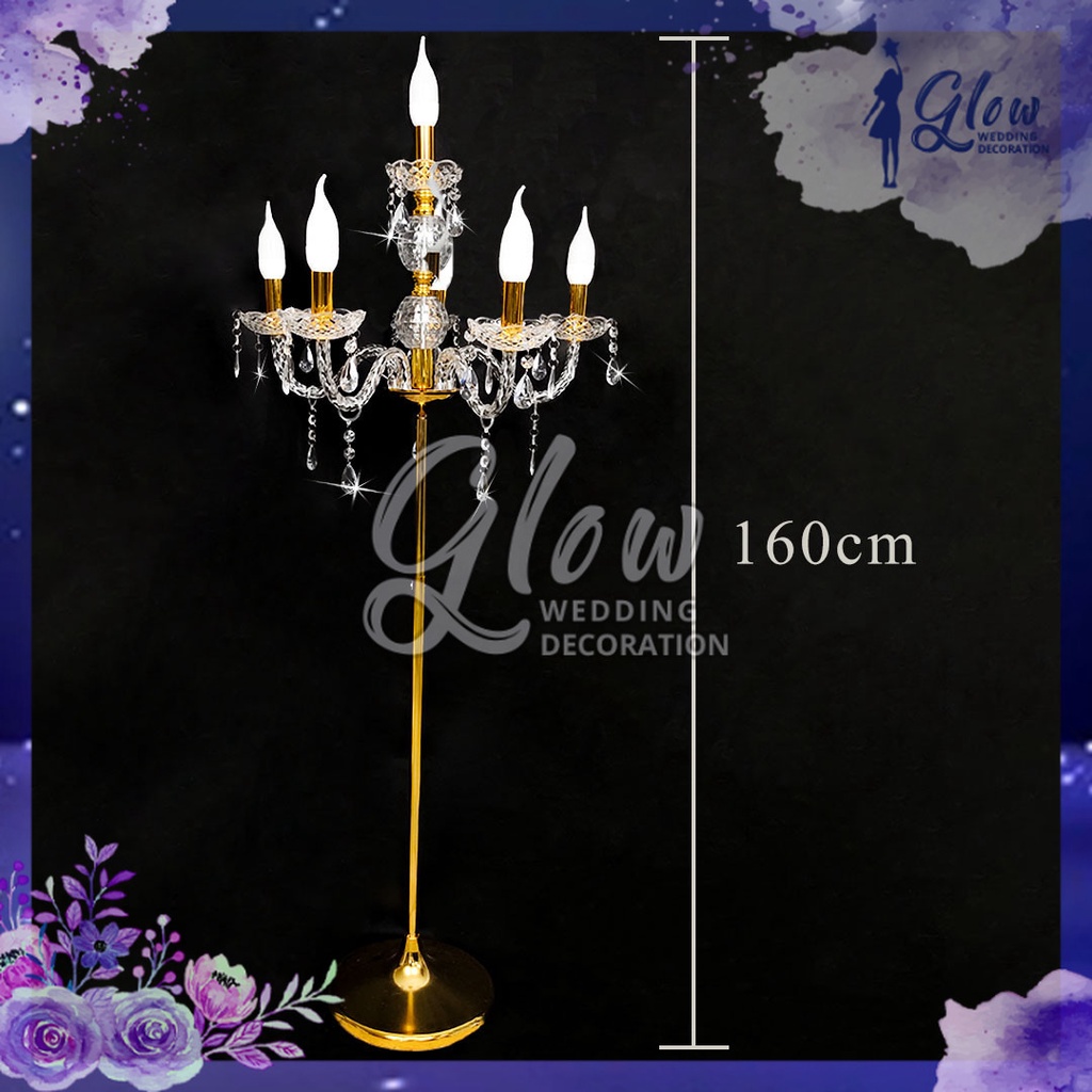 1 Set Lampu Standing - Berdiri Lilin Chandelier Cabang 6 Kristal Akrilik - Lampu dekorasi pelaminan 