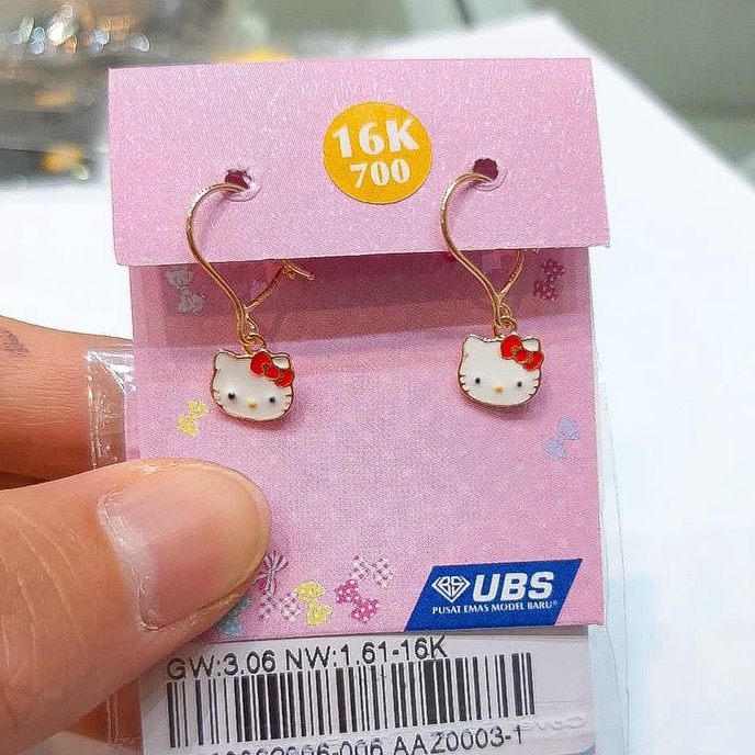 Anting kerabu gantung anak dan dewasa emas asli kadar 700 70% 16k anak Hello Kitty merah Sanrio gold