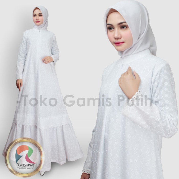 Baju Gamis Putih Rempel Bawah Katun Jepang Bordir / Gamis Putih - M