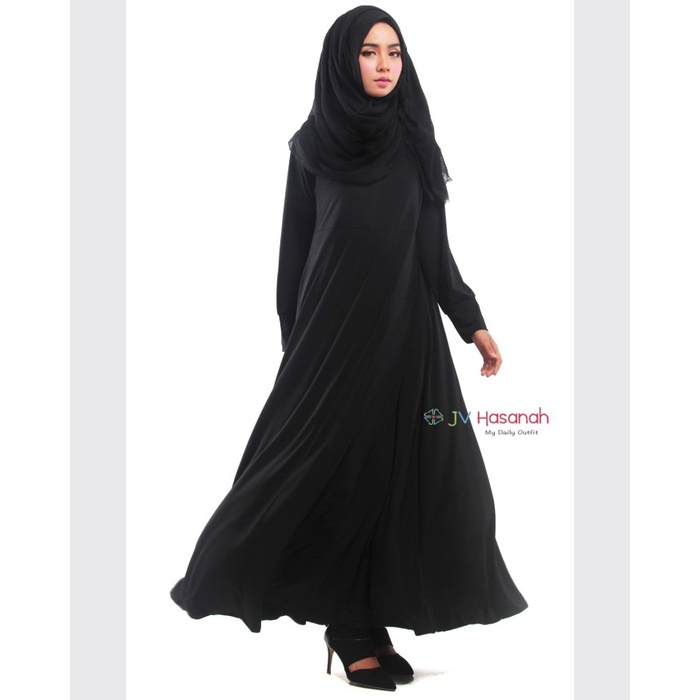 DELISHA JERSEY DRESS BLACK JV HASANAH GAMIS POLOS JERSEY HITAM MURAH - Hitam