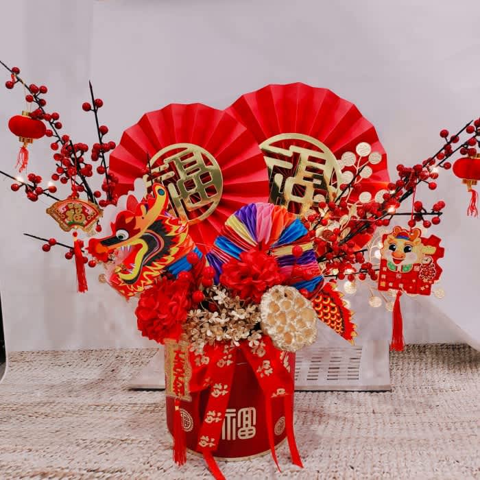 Hampers Bunga Imlek NAGA - Vas Set Bunga CNY Dekorasi Pajangan POT201