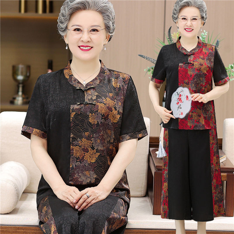 Baju Lengan Pendek Nenek Set Pakaian Musim Panas Ibu Berpakaian Wanita Paruh Baya