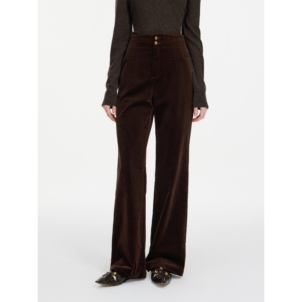 FSLE Women Corduroy Pants Winter New Retro Dark Brown Female Full Length Trousers Women Black Bootcu
