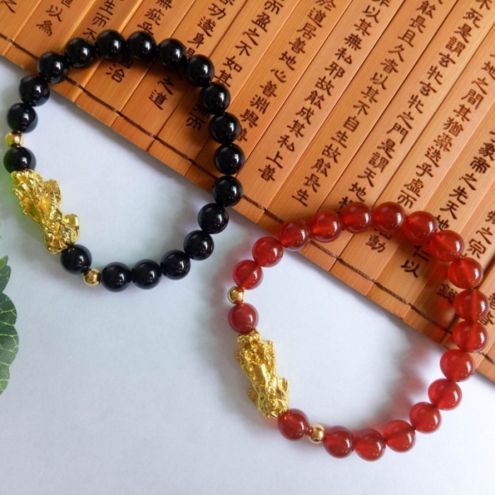Gelang Batu Giok Hitam Merah Pixiu Keberuntungan Red Jade Couple G57