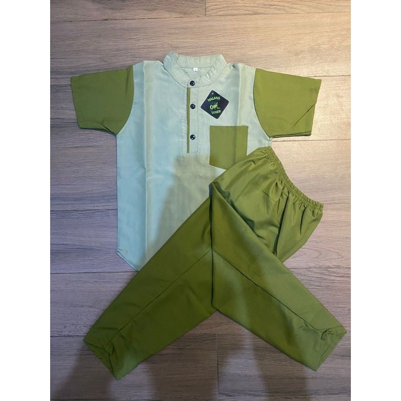 Setelan Baju Koko Anak Laki laki Warna Sage Kombinasi Hijau Army /Terbaru