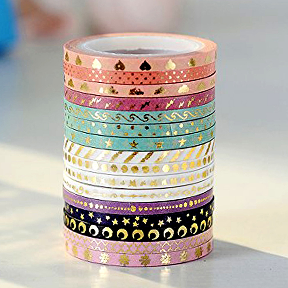 

16 Rolls Gold Foil Skinny Scrapbooking Washi tape Set ,Stationery Slim Decorative Adhesive Tape, Journal Supplies Masking Tapes