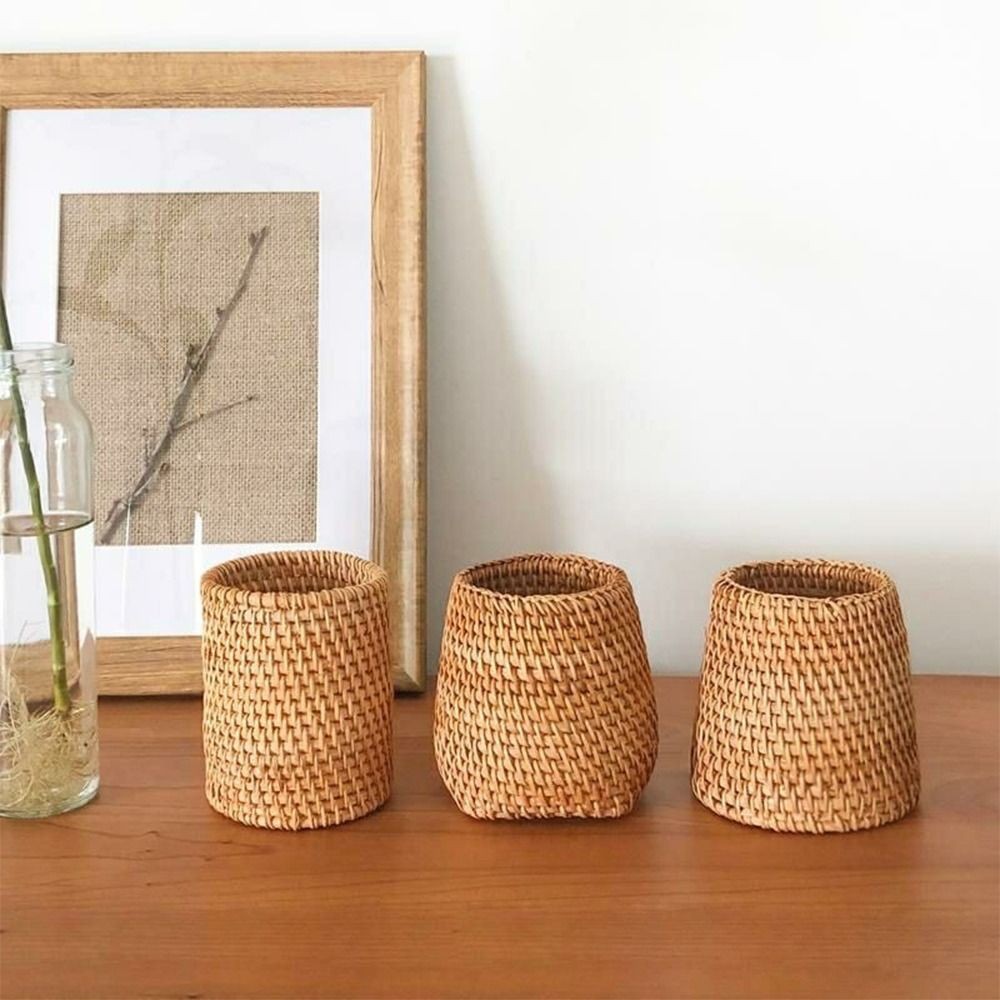 

Handmade Pen Holder Hand Woven Wood Vine Rattan Stationery Container Storage Box Organizer Office School Desk Accessories Decor