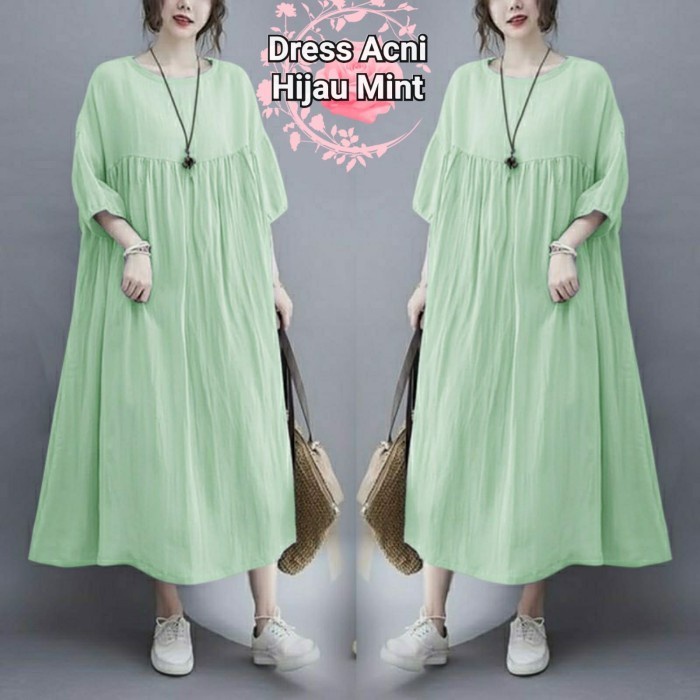 Maxi DRESS JUMBO OverSize ACNI Moscrepe Premium Stretch Melar REAL PIC - Hijau Mint, XL