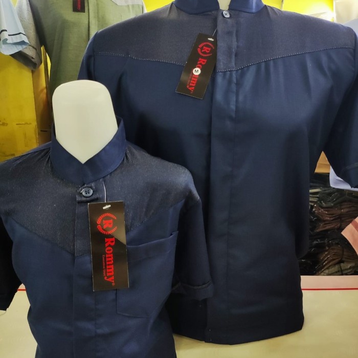Kemeja / Baju Koko Muslim Couple Ayah Anak - Biru Dongker Kombinasi - Biru, S