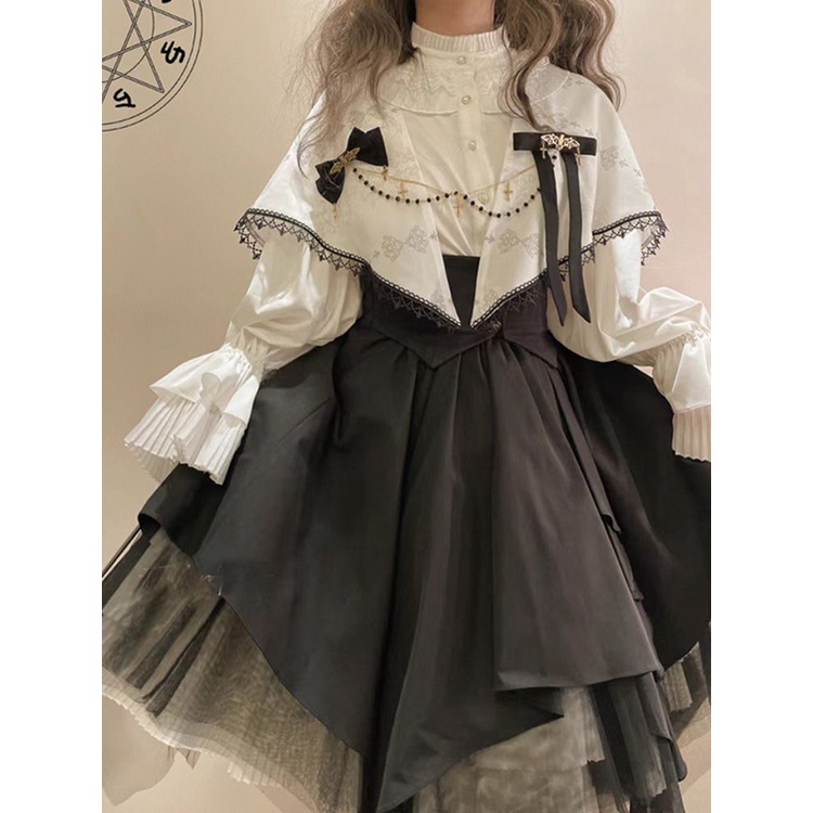 Gothic lolita Dress Women's Two Piece Set Lantern Sleeve Shirt Tunic  Organ Pleated Petticoat
