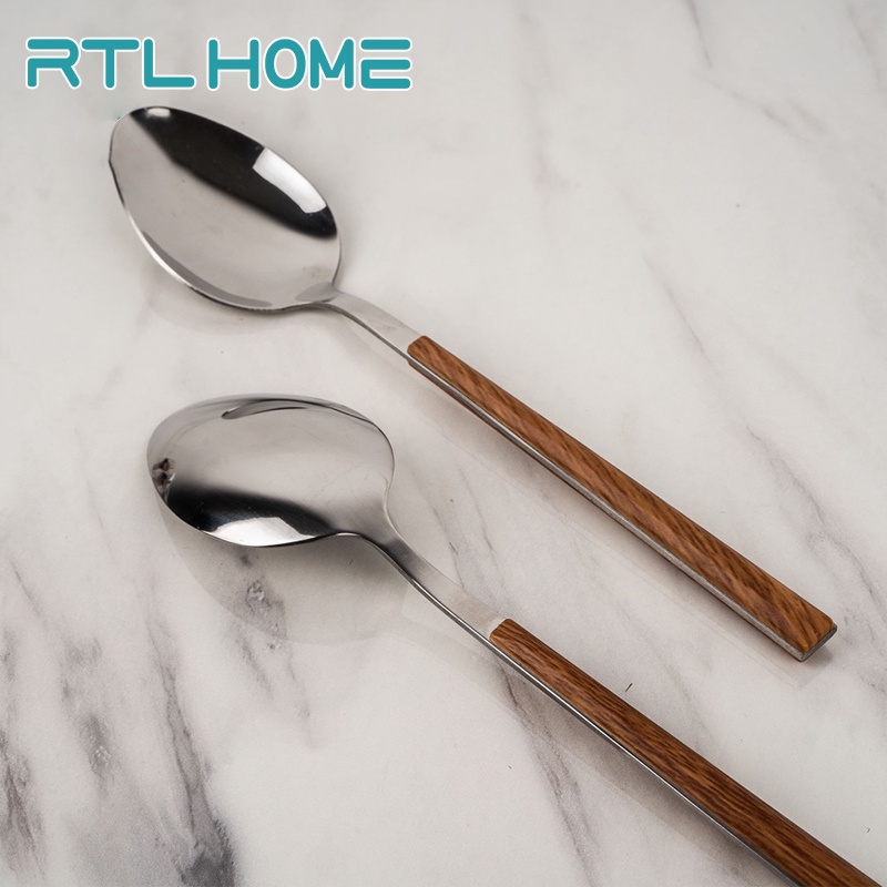 RTL Sendok Makan Tebal Isi 6pcs Gagang Motif Kayu Stainless Steel Berkualitas