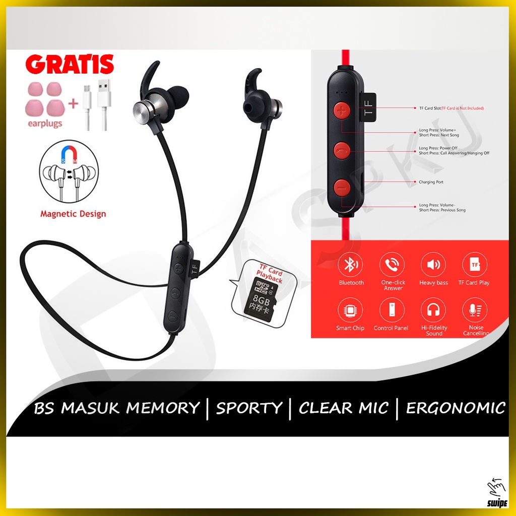 Headset Bluetooth Neckband V1 V2 Earphone Headphone Handsfree Audio Musik Music Lagu Mp3 Micro SD Me