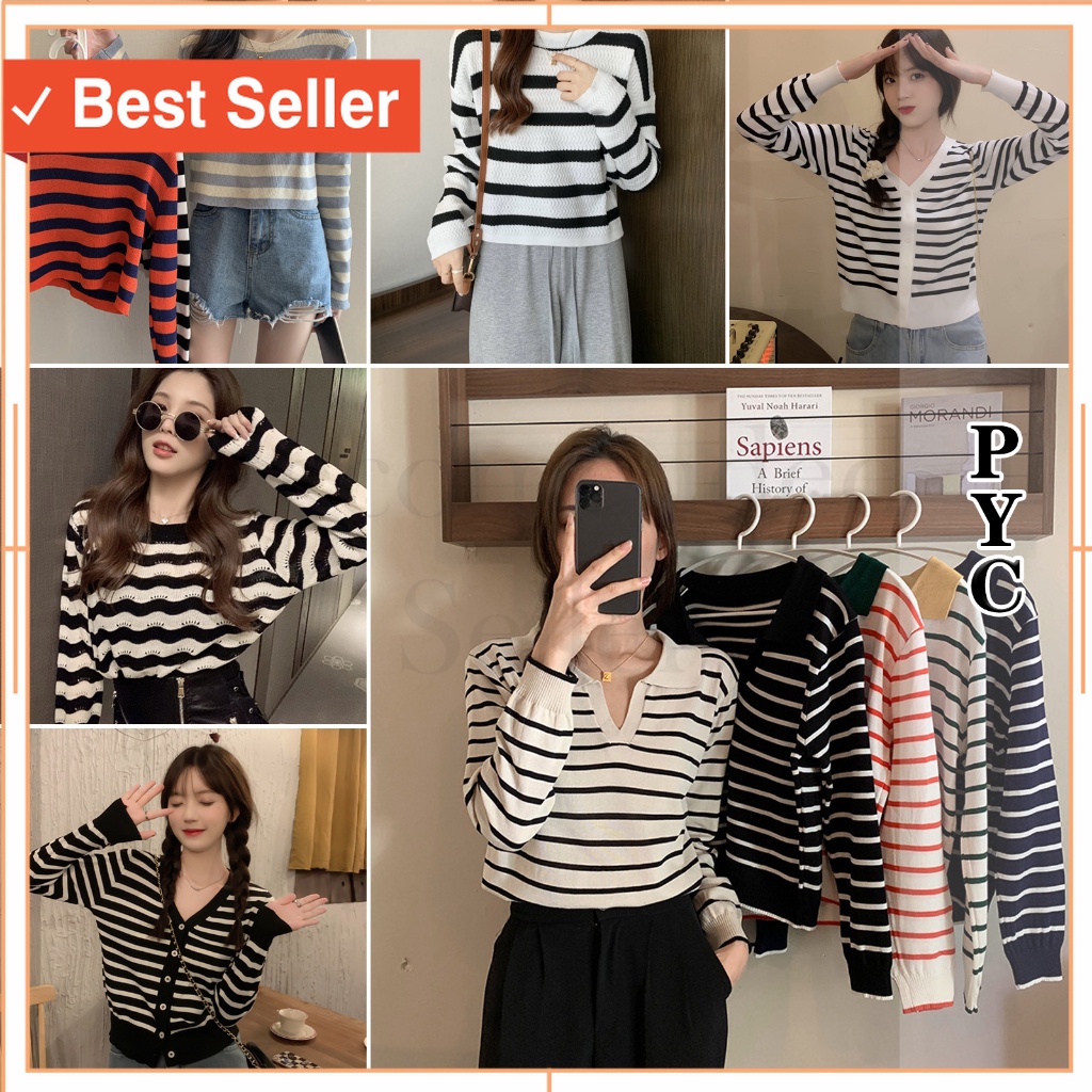 Baju Wanita Korean style kekinian modern premium murah / Sweater Crop Garis-Garis Leher-V Top/Lengan