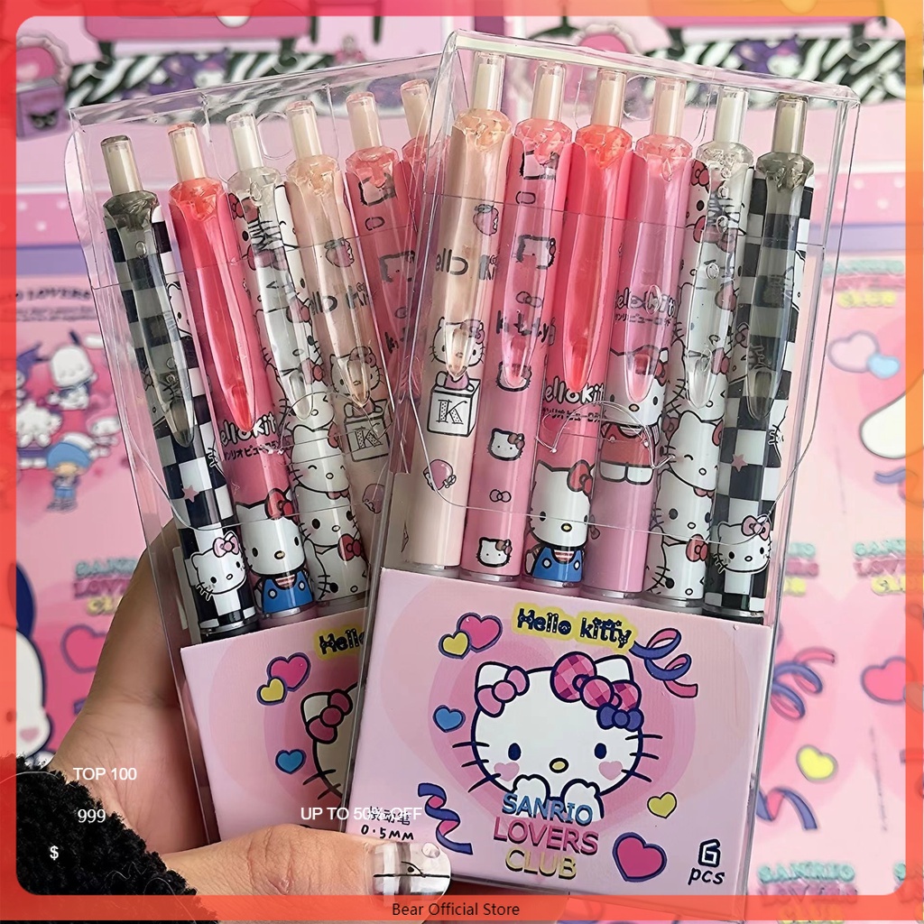 

KT Cat Kuromi menekan pena gel/1 pak berisi 6 pulpen gel kartun/pena gel mekanik pola lucu-（0,5mm hitam）