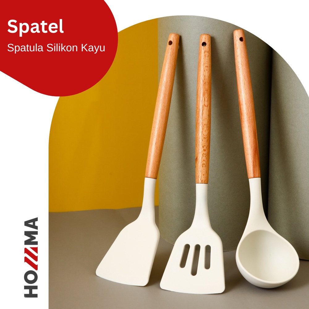 Spatula Silikon Gagang Kayu Tahan Panas Sutil Perlengkapan Masak Anti Lengket